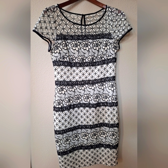 Adrianna Papell Dresses & Skirts - Adrianna Papell Womens Black/Ivory Lace Knee-length Dress Size 8